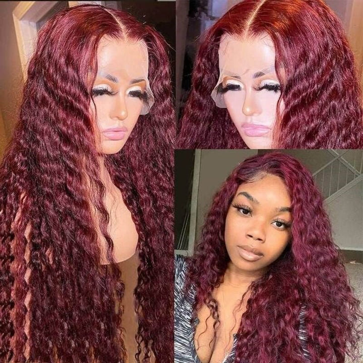 99J Burgundy 13x6 Water Wave Wig Pre - plucked Transparent Lace Human hair Wig With Baby Hair - Msgem Hair