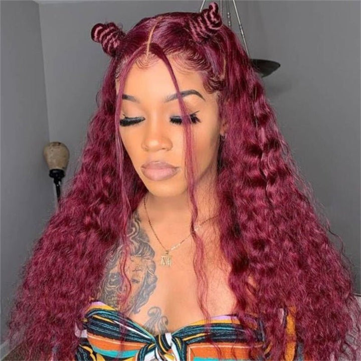99J Burgundy 13x6 Water Wave Wig Pre - plucked Transparent Lace Human hair Wig With Baby Hair - Msgem Hair