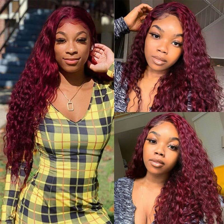 99J Burgundy 13x6 Water Wave Wig Pre - plucked Transparent Lace Human hair Wig With Baby Hair - Msgem Hair