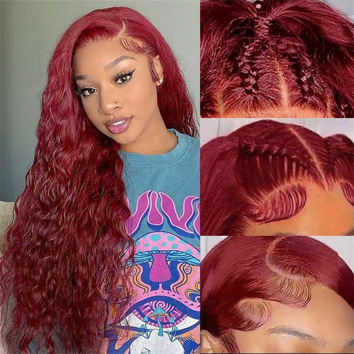99J Burgundy 13x6 Water Wave Wig Pre - plucked Transparent Lace Human hair Wig With Baby Hair - Msgem Hair