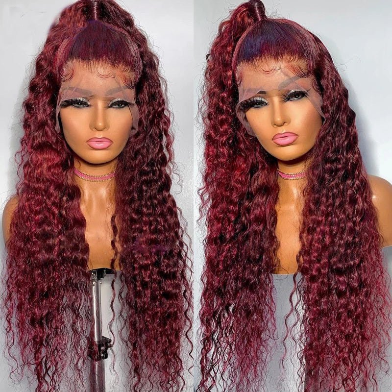 99J Burgundy 13x6 Water Wave Wig Pre - plucked Transparent Lace Human hair Wig With Baby Hair - Msgem Hair