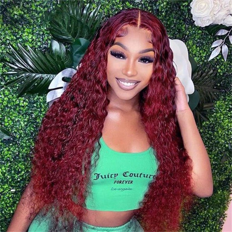 99J Burgundy 13x6 Water Wave Wig Pre - plucked Transparent Lace Human hair Wig With Baby Hair - Msgem Hair