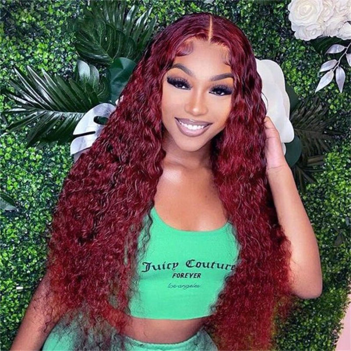 99J Burgundy 13x6 Water Wave Wig Pre - plucked Transparent Lace Human hair Wig With Baby Hair - Msgem Hair