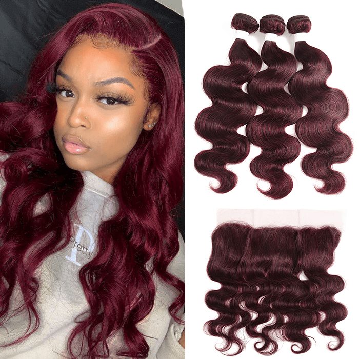 99J Burgundy Body Wave 3 Bundles With 13x4 Lace Frontal 100% Virgin Human Hair - Msgem Hair