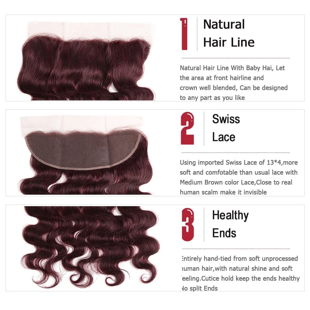 99J Burgundy Body Wave 3 Bundles With 13x4 Lace Frontal 100% Virgin Human Hair - Msgem Hair