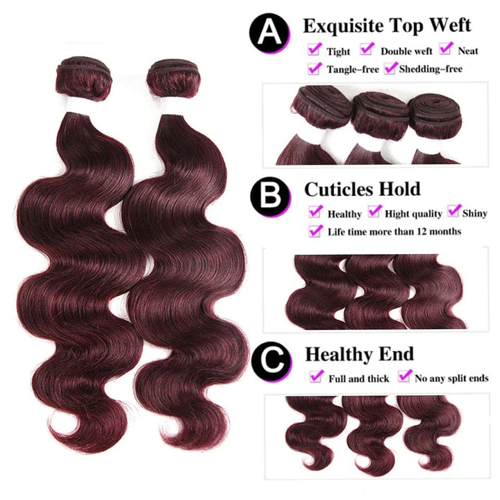 99J Burgundy Body Wave 3 Bundles With 13x4 Lace Frontal 100% Virgin Human Hair - Msgem Hair