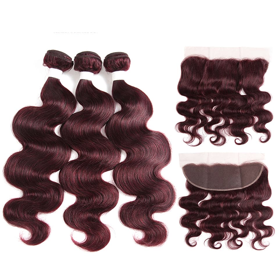 99J Burgundy Body Wave 3 Bundles With 13x4 Lace Frontal 100% Virgin Human Hair - Msgem Hair