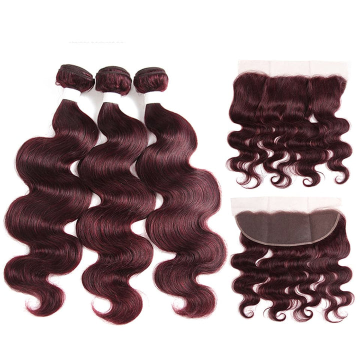 99J Burgundy Body Wave 3 Bundles With 13x4 Lace Frontal 100% Virgin Human Hair - Msgem Hair