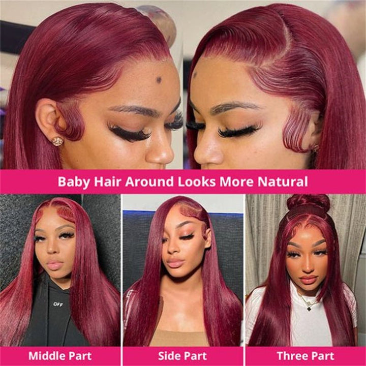 99J Burgundy Color 13X4 Straight Frontal Transparent Lace Wig 180% Density - Msgem Hair