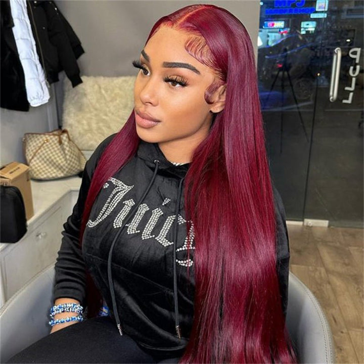 99J Burgundy Color 13X4 Straight Frontal Transparent Lace Wig 180% Density - Msgem Hair
