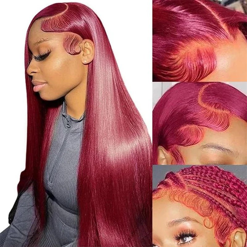 99J Burgundy Color 13X4 Straight Frontal Transparent Lace Wig 180% Density - Msgem Hair