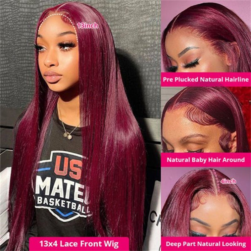 99J Burgundy Color 13X4 Straight Frontal Transparent Lace Wig 180% Density - Msgem Hair