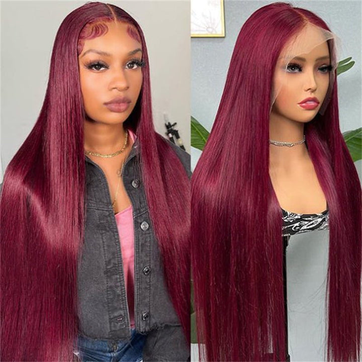 99J Burgundy Color 13X4 Straight Frontal Transparent Lace Wig 180% Density - Msgem Hair
