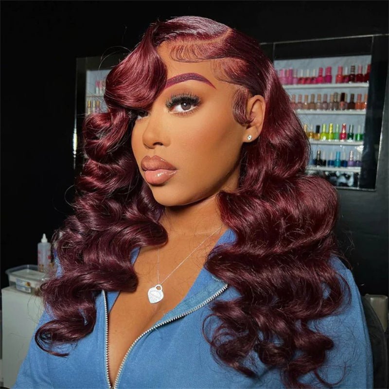99J Burgundy Loose Wave 13x6 Transparent Lace Front Pre Plucked Wig 180% Density - Msgem Hair