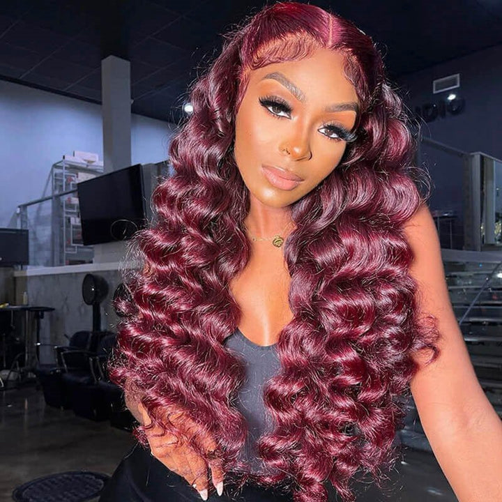 99J Burgundy Loose Wave 13x6 Transparent Lace Front Pre Plucked Wig 180% Density - Msgem Hair