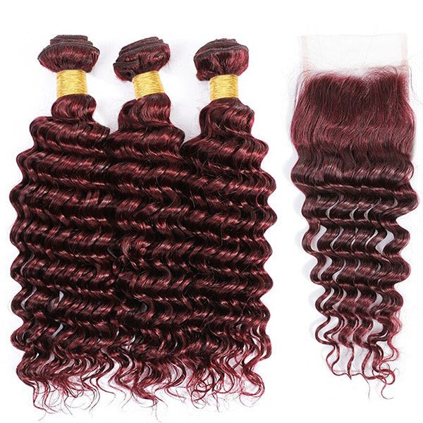 99J Burgundy Wine Red Deep Wave 3 Bundle With 4X4 Closure 100% Human Hair - Msgem Hair