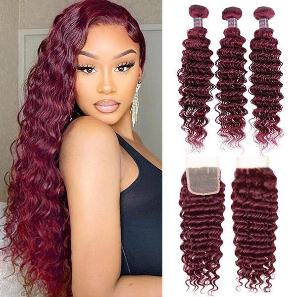 99J Burgundy Wine Red Deep Wave 3 Bundle With 4X4 Closure 100% Human Hair - Msgem Hair