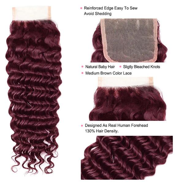 99J Burgundy Wine Red Deep Wave 3 Bundle With 4X4 Closure 100% Human Hair - Msgem Hair