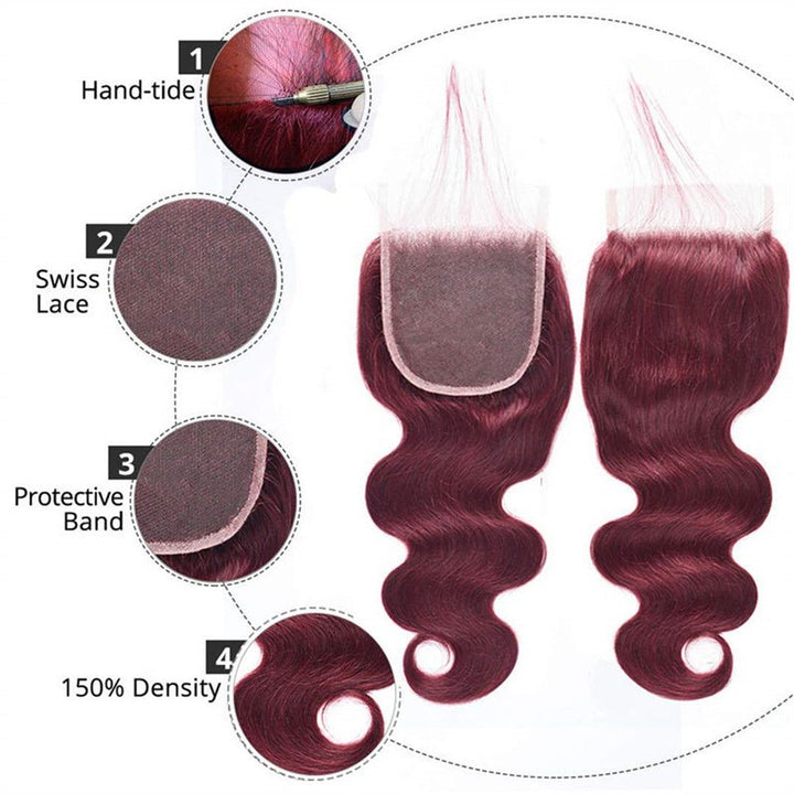 99j Wine Red Color Brazilian Body Wave Hair 3 Bundles With 4x4 Closure Human Hair - Msgem Hair