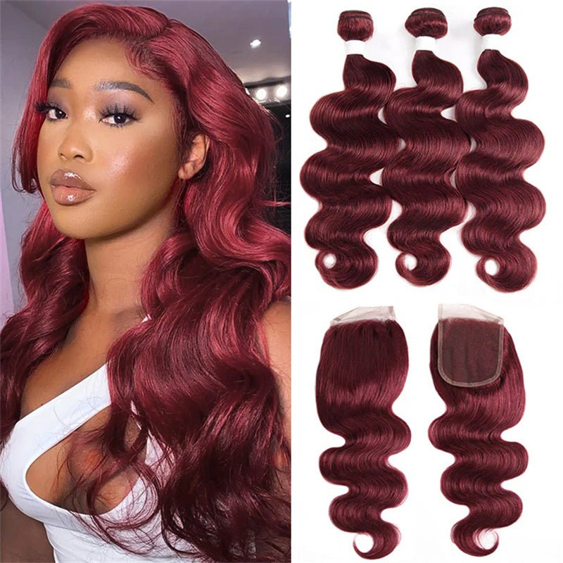 99j Wine Red Color Brazilian Body Wave Hair 3 Bundles With 4x4 Closure Human Hair - Msgem Hair