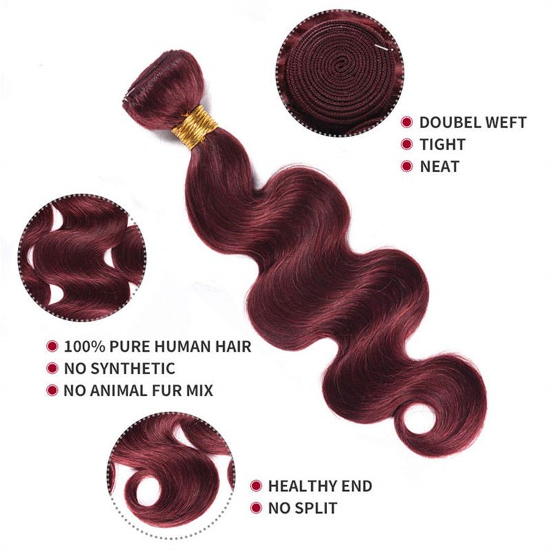 99j Wine Red Color Brazilian Body Wave Hair 3 Bundles With 4x4 Closure Human Hair - Msgem Hair