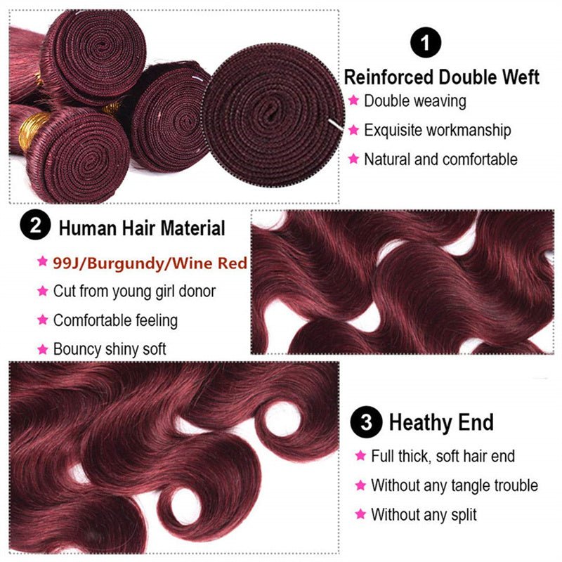 99j Wine Red Color Brazilian Body Wave Hair 3 Bundles With 4x4 Closure Human Hair - Msgem Hair