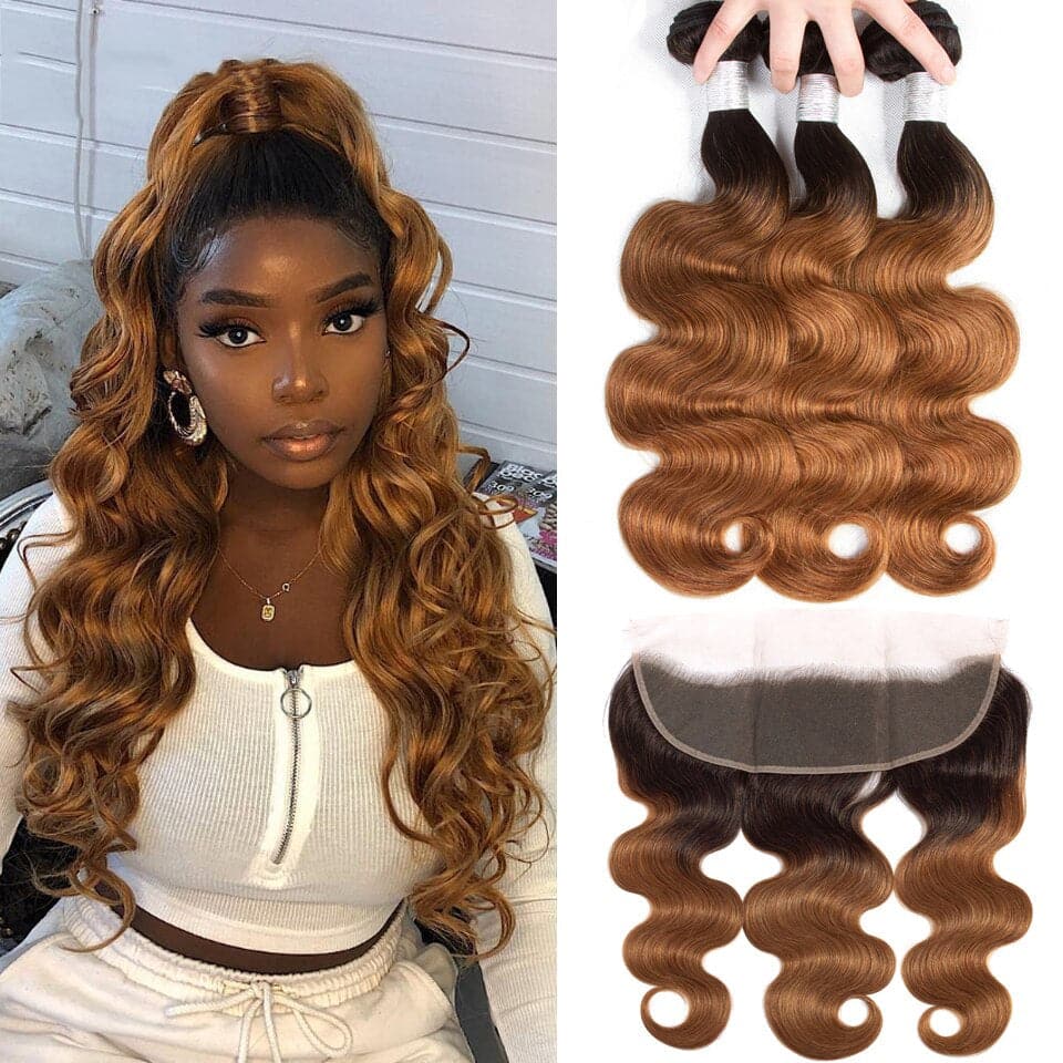 Black Roots Medium Auburn Body Wave 3 Bundles With 13x4 Lace Frontal 100% Human Hair - Msgem Hair