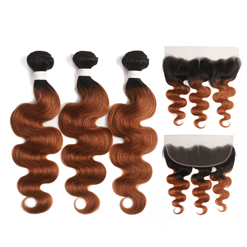 Black Roots Medium Auburn Body Wave 3 Bundles With 13x4 Lace Frontal 100% Human Hair - Msgem Hair
