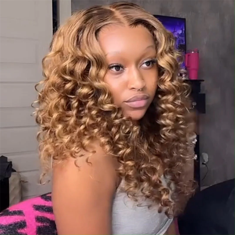 Msgem Honey Blonde Wand Curls Pre Cut Lace Glueless Wigs 5x5 Lace Closure Wig
