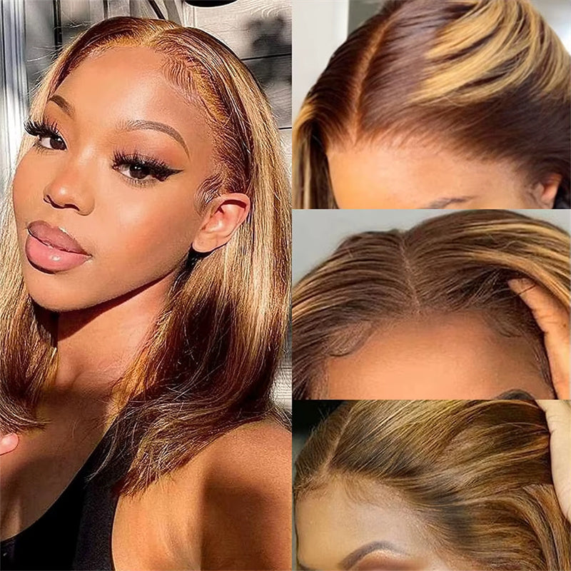Msgem Brown Highlight Short Bob Wigs P4/27 Straight Hair 13x4 Lace Front Bob Wigs