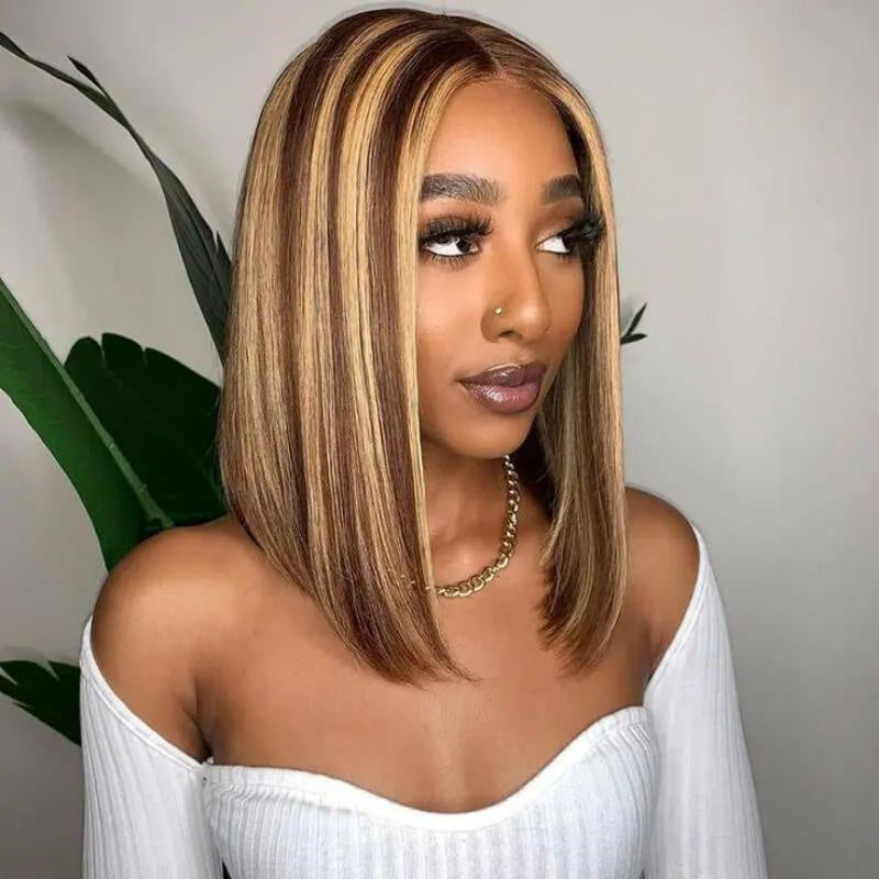 Msgem Brown Highlight Short Bob Wigs P4/27 Straight Hair 13x4 Lace Front Bob Wigs