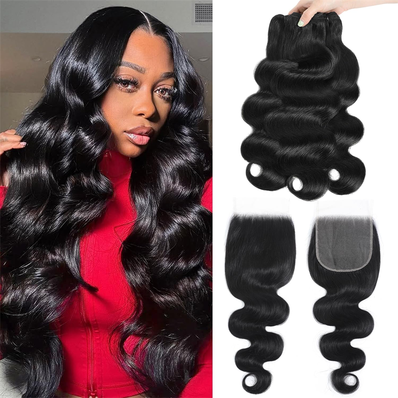 Msgem Body Wave 3 Bundles With 4x4 Lace Closure Human Hair Extensions