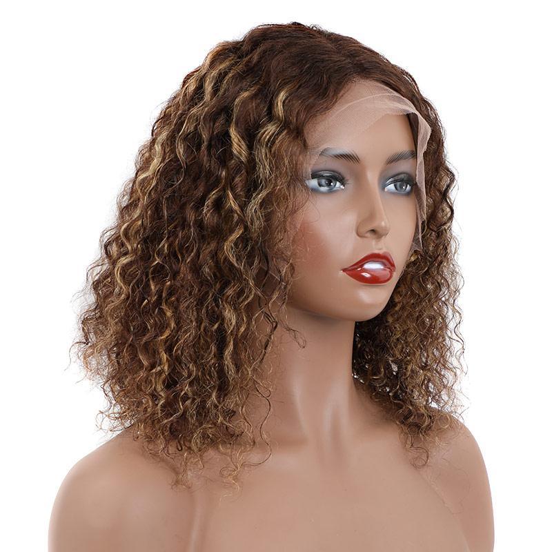Brazilian Hair Brown With Strawberry Blonde Highlights Curly Bob Lace Front Wigs With Pre Plucked Baby Hair - Msgem Hair