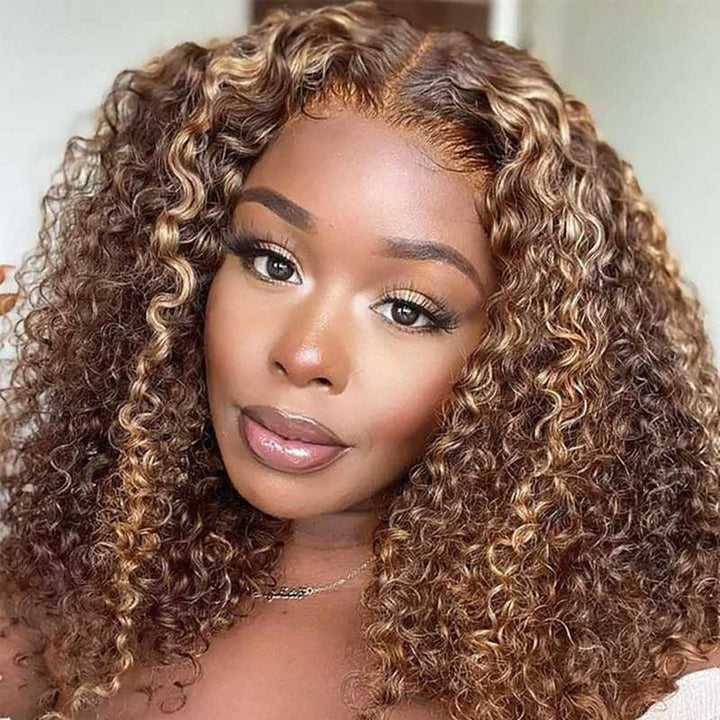 Brazilian Hair Brown With Strawberry Blonde Highlights Curly Bob Lace Front Wigs With Pre Plucked Baby Hair - Msgem Hair