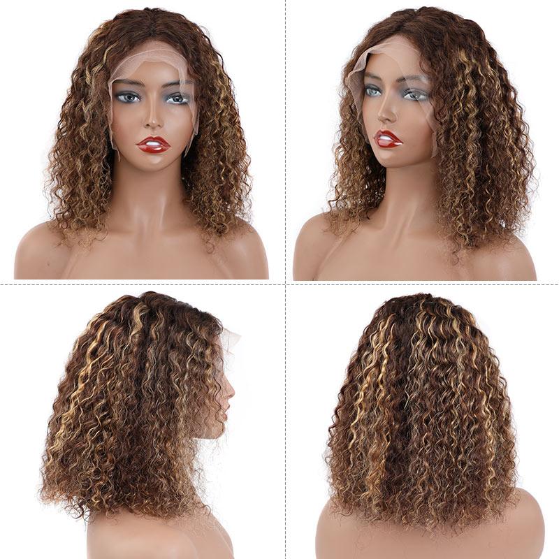 Brazilian Hair Brown With Strawberry Blonde Highlights Curly Bob Lace Front Wigs With Pre Plucked Baby Hair - Msgem Hair