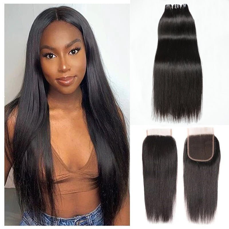 Brazilian Straight Human Hair 3 Bundles With 4x4 Lace Closure - Msgem Hair