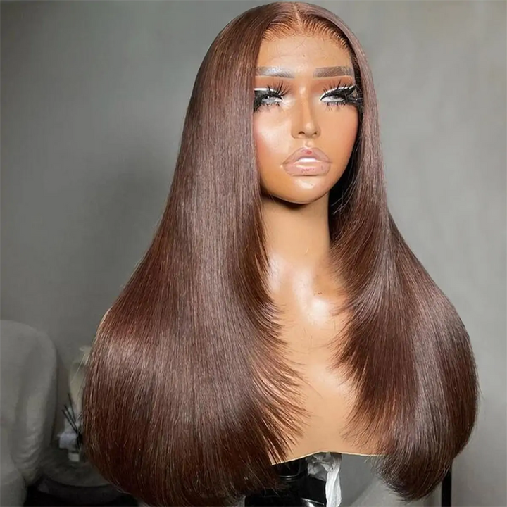 Msgem Chocolate Brown Glueless Straight Layered Cut 5x5 13x6 Lace Front Human Hair Wigs