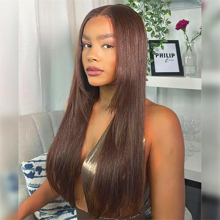 Msgem Chocolate Brown Glueless Straight Layered Cut 5x5 13x6 Lace Front Human Hair Wigs