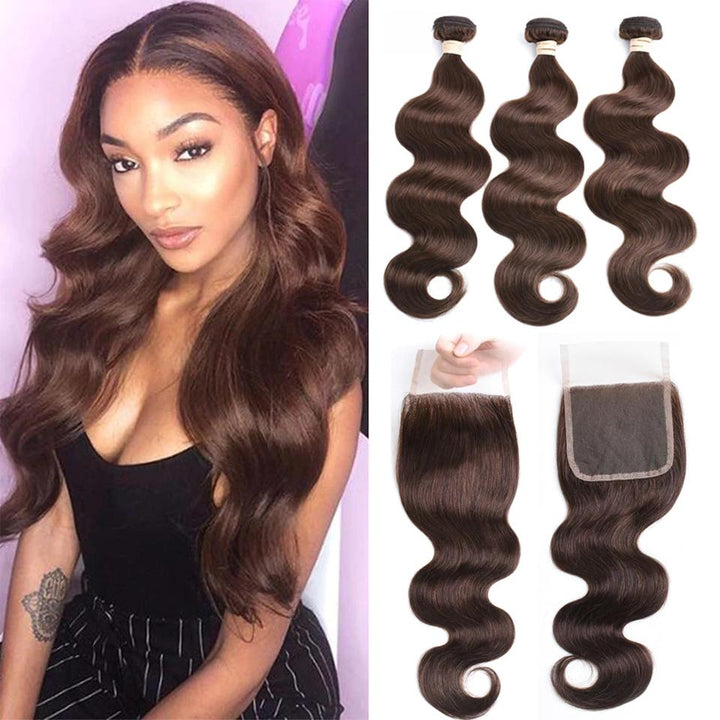 Chocolate Brown Body Wave 3 Bundles With 4X4 Lace Closure 100% virgin human hair - Msgem Hair