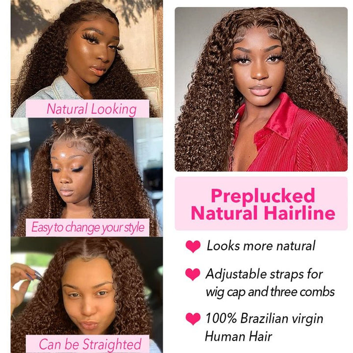 Chocolate Brown Kinky Curly Lace Front Wig Human Hair 13x6 Transparent Lace Frontal Wigs 180% Density - Msgem Hair