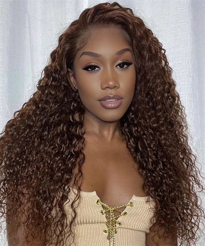 Chocolate Brown Kinky Curly Lace Front Wig Human Hair 13x6 Transparent Lace Frontal Wigs 180% Density - Msgem Hair