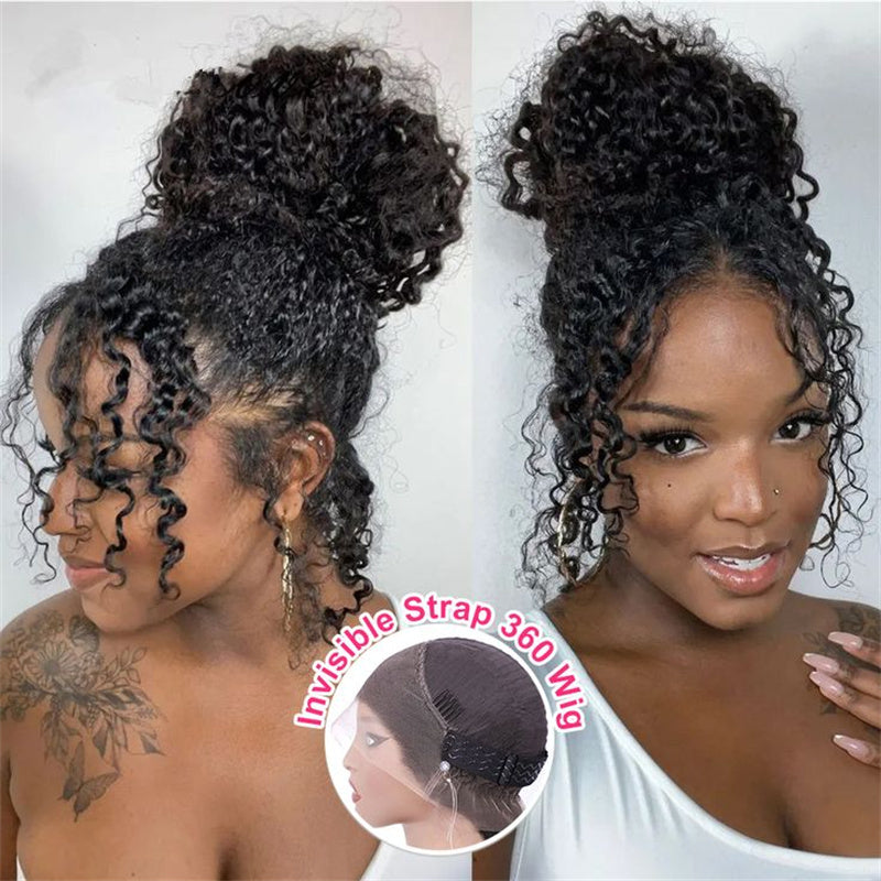 Msgem Kinky Curly Invisi-Drawstring Snug Fit 360 Lace Wigs HD Transparent Full Frontal Human Hair Wigs
