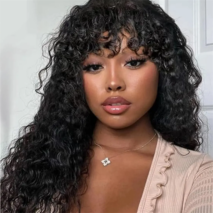 Msgem Burmese Curly Human Hair Wig With Bangs Natural Color Human Hair Glueless Wigs