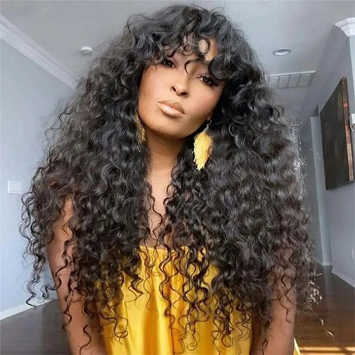 Msgem Burmese Curly Human Hair Wig With Bangs Natural Color Human Hair Glueless Wigs