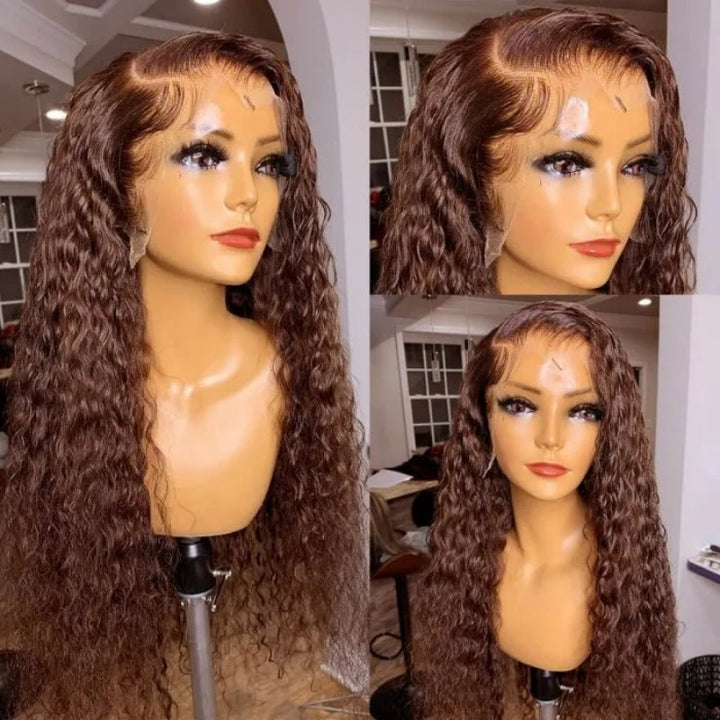 Dark Brown Water Wave 13x4 Transparent Lace Front Human Hair Wigs Pre Plucked With Baby Hair - Msgem Hair
