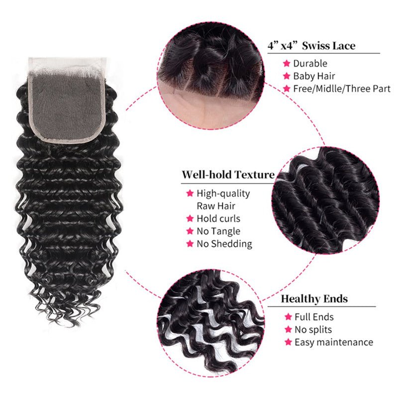 Deep Wave 3 Bundles with 4x4 Lace Closure with Baby Hair Natural Color - Msgem Hair