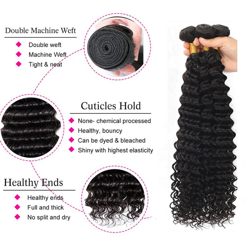 Deep Wave 3 Bundles with 4x4 Lace Closure with Baby Hair Natural Color - Msgem Hair