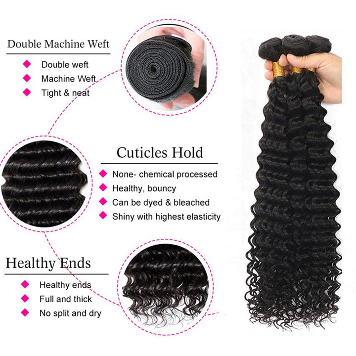 Deep Wave 3 Bundles with 4x4 Lace Closure with Baby Hair Natural Color - Msgem Hair