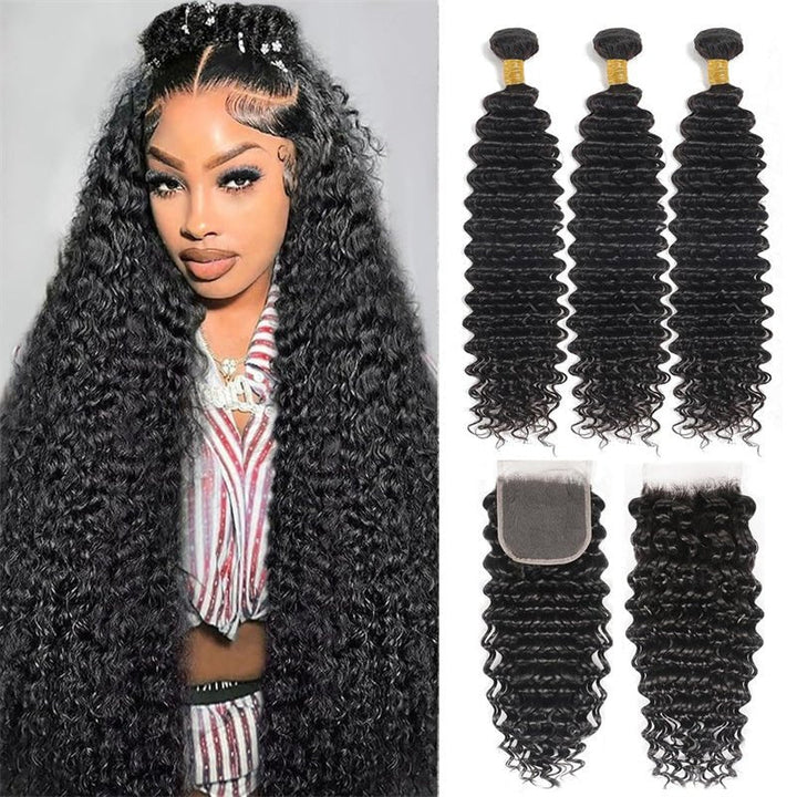 Deep Wave 3 Bundles with 4x4 Lace Closure with Baby Hair Natural Color - Msgem Hair