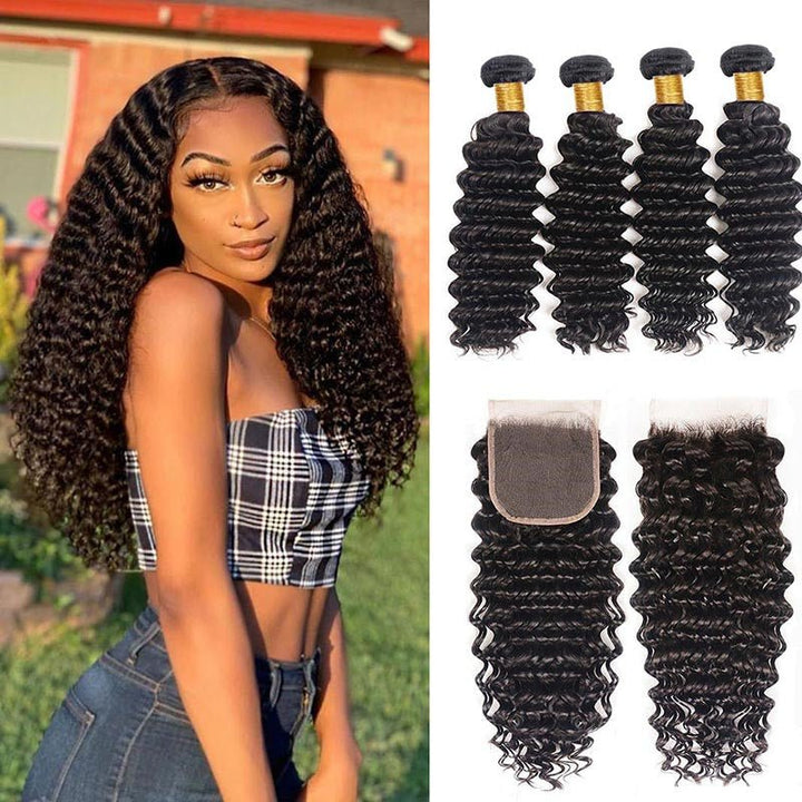 Deep Wave Human Hair Bundles with Closure Brazilian Hair 4 Bundles with 4x4 Lace Closure - Msgem Hair